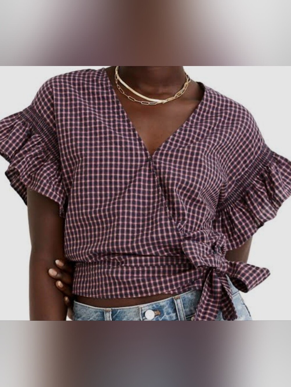 Madewell Flutter Sleeve Side Tie Wrap Top Plaid Checkered Women Size S Cotton
